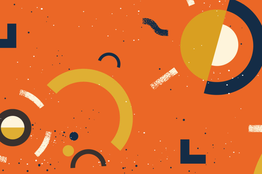 Illustrated orange image of beige, yellow and blue shapes.